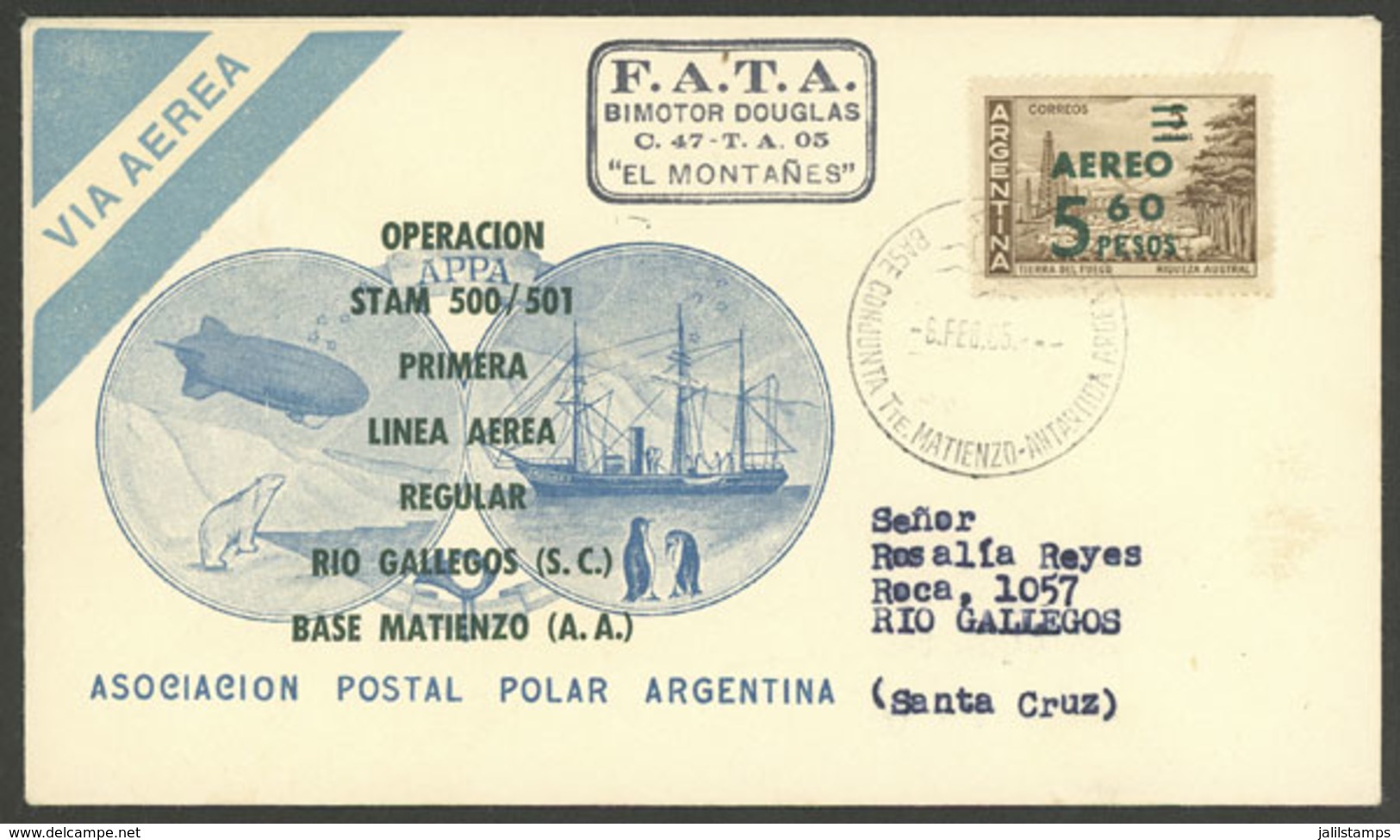 ARGENTINE ANTARCTICA: Cover Sent To Rio Gallegos On 6/FE/1965, With Cancel Of MATIENZO Antarctic Station, And Printed Ma - Lettres & Documents