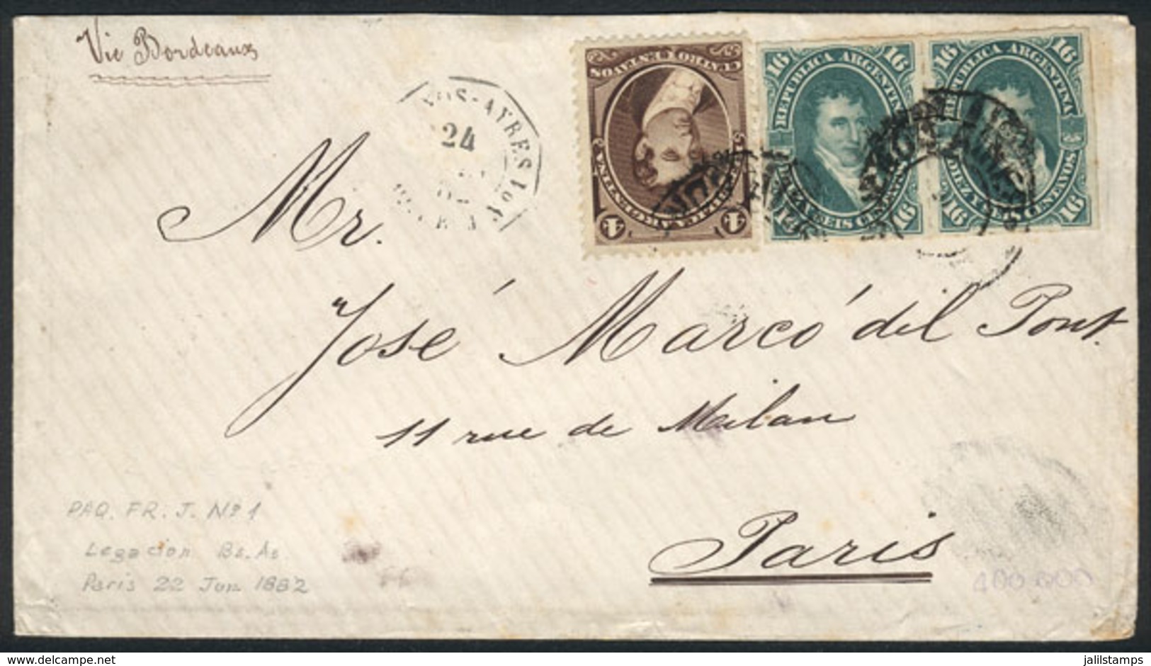 ARGENTINA: Cover Franked With GJ.36 + 50 Pair, Sent From Buenos Aires To Paris On 24/JN/1882 Via French Mail, With Sever - Brieven En Documenten