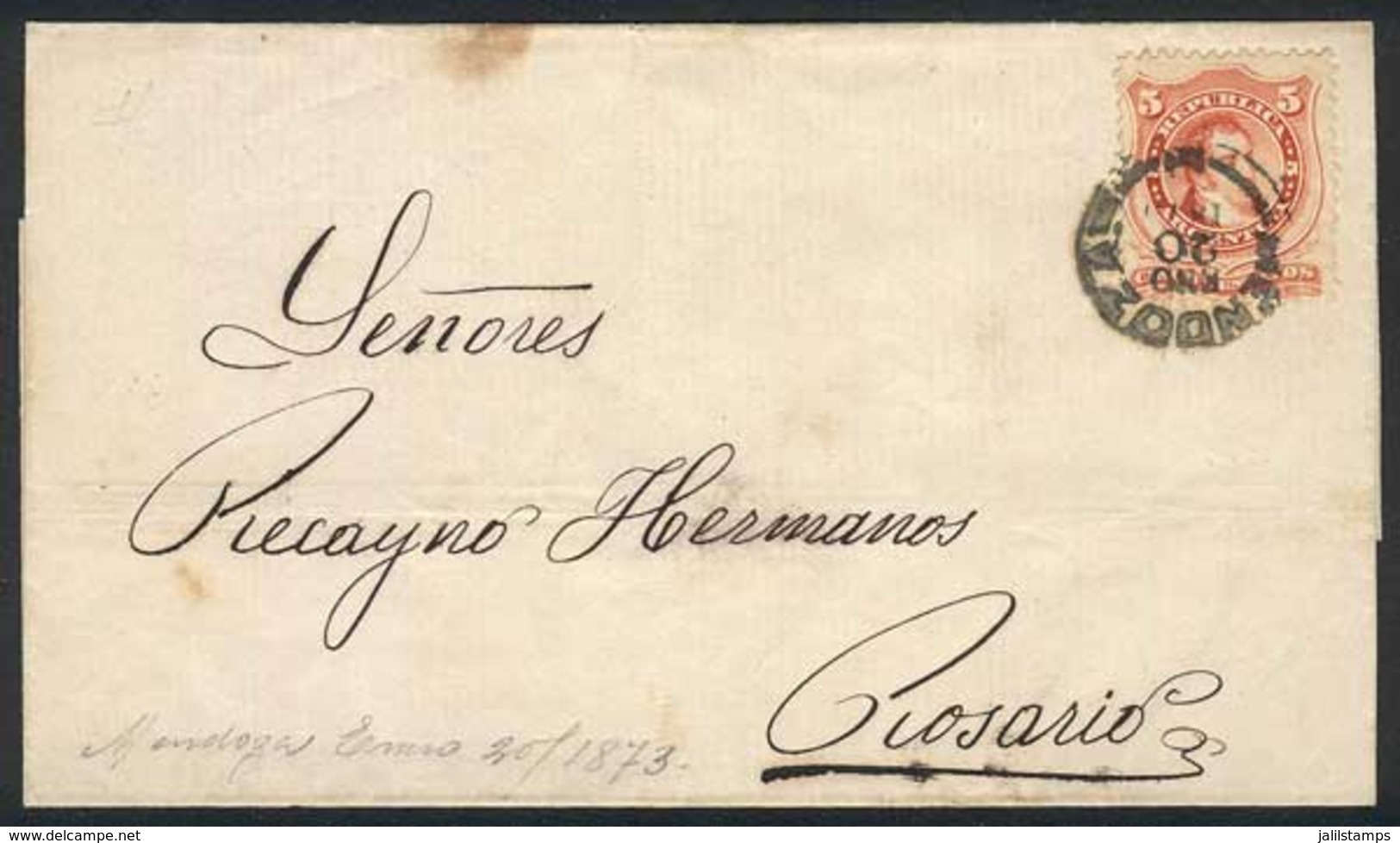 ARGENTINA: GJ.38, Franking A Folded Cover Sent To Rosario On 25/JA/1873, With MENDOZA Datestamp With Maltese Cross, VF! - Briefe U. Dokumente