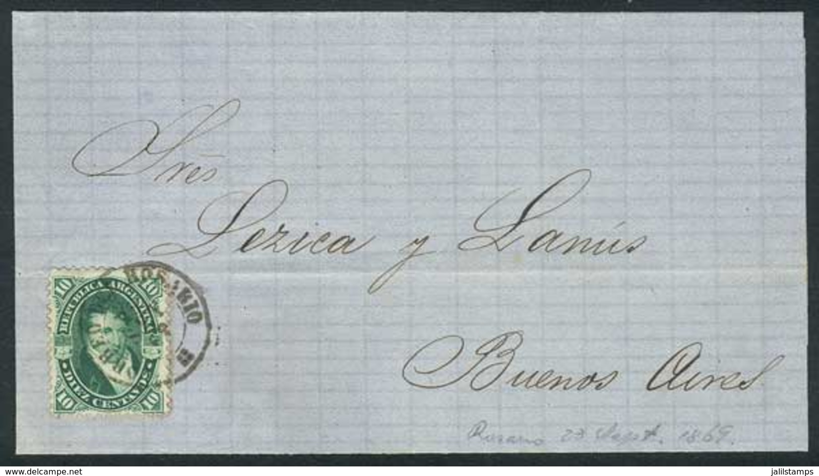 ARGENTINA: GJ.39, On A Folded Cover Sent From ROSARIO To Buenos Aires On 23/SE/1869, VF Quality! - Covers & Documents