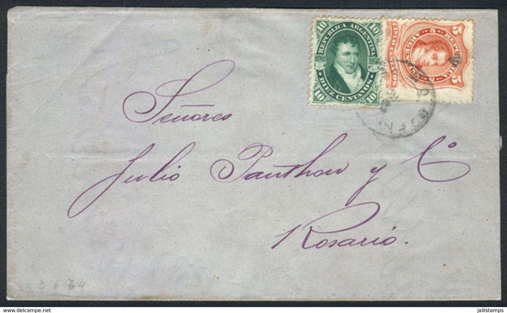 ARGENTINA: Folded Cover Franked With GJ.38 + 39, Sent From Buenos Aires To Rosario On 6/DE/1872, VF! - Covers & Documents