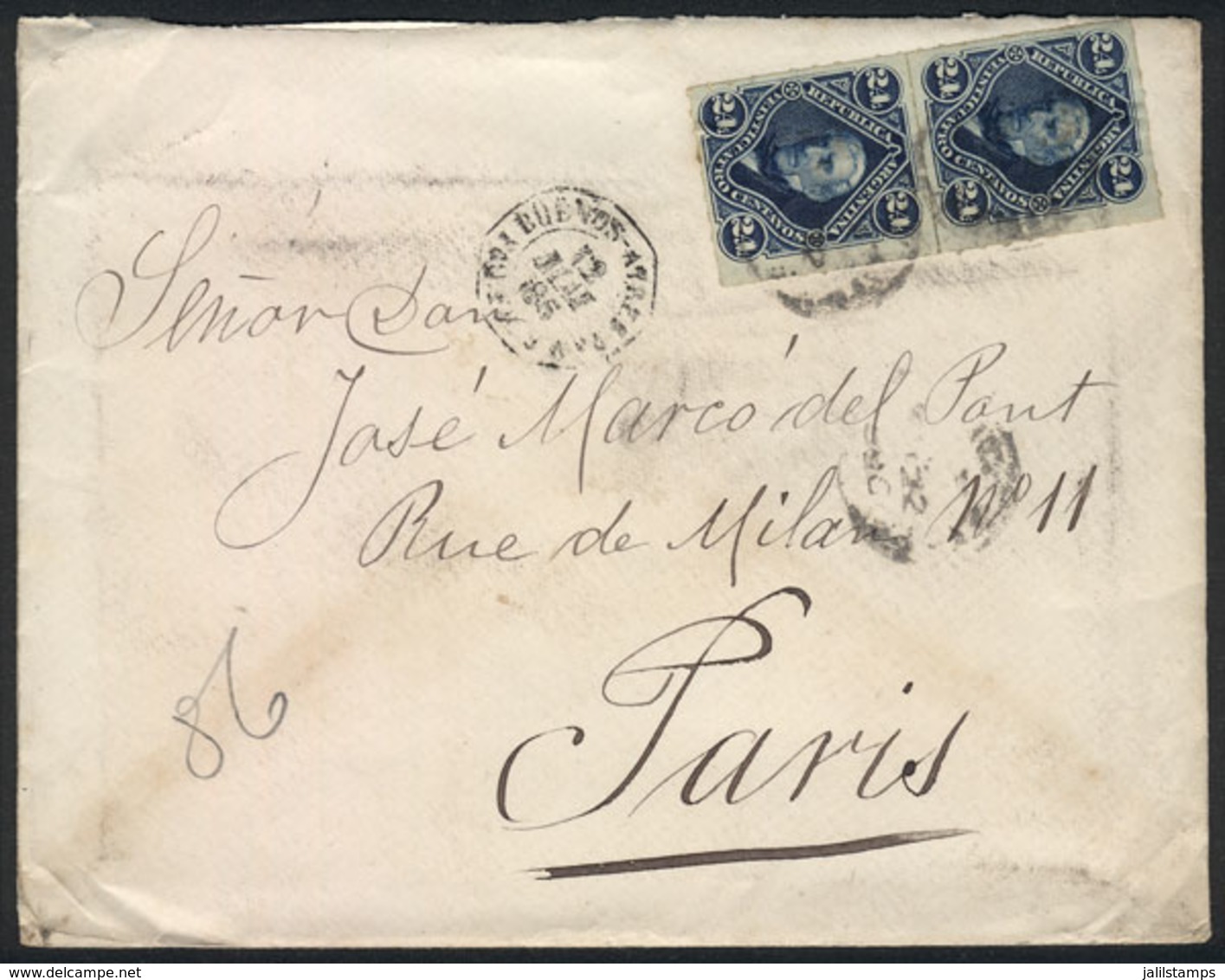 ARGENTINA: Cover Franked With GJ.52 Pair, Sent Via French Mail From Buenos Aires To Paris On 12/MAY/1885, VF - Covers & Documents