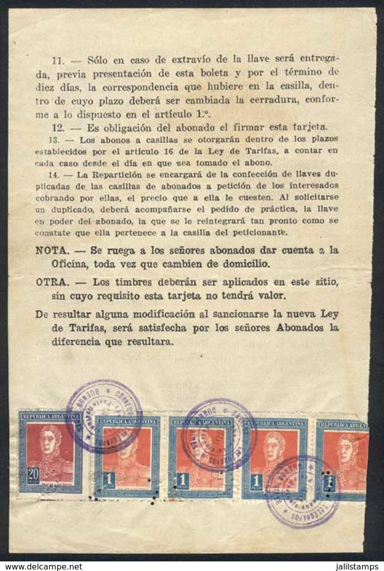 ARGENTINA: GJ.589 + 586 Strip Of 4 (one Defective), Total 24$ Fraking The Second Page Of A PO Box Payment Card Of The Ye - Brieven En Documenten