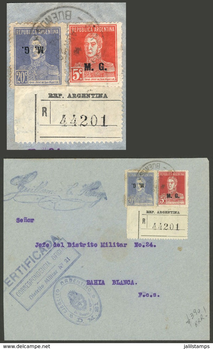 ARGENTINA: Registered Cover Sent From Saladillo To Bahía Blanca On 29/AP/1924, Franked With 5c. San Martín With Period + - Dienstmarken