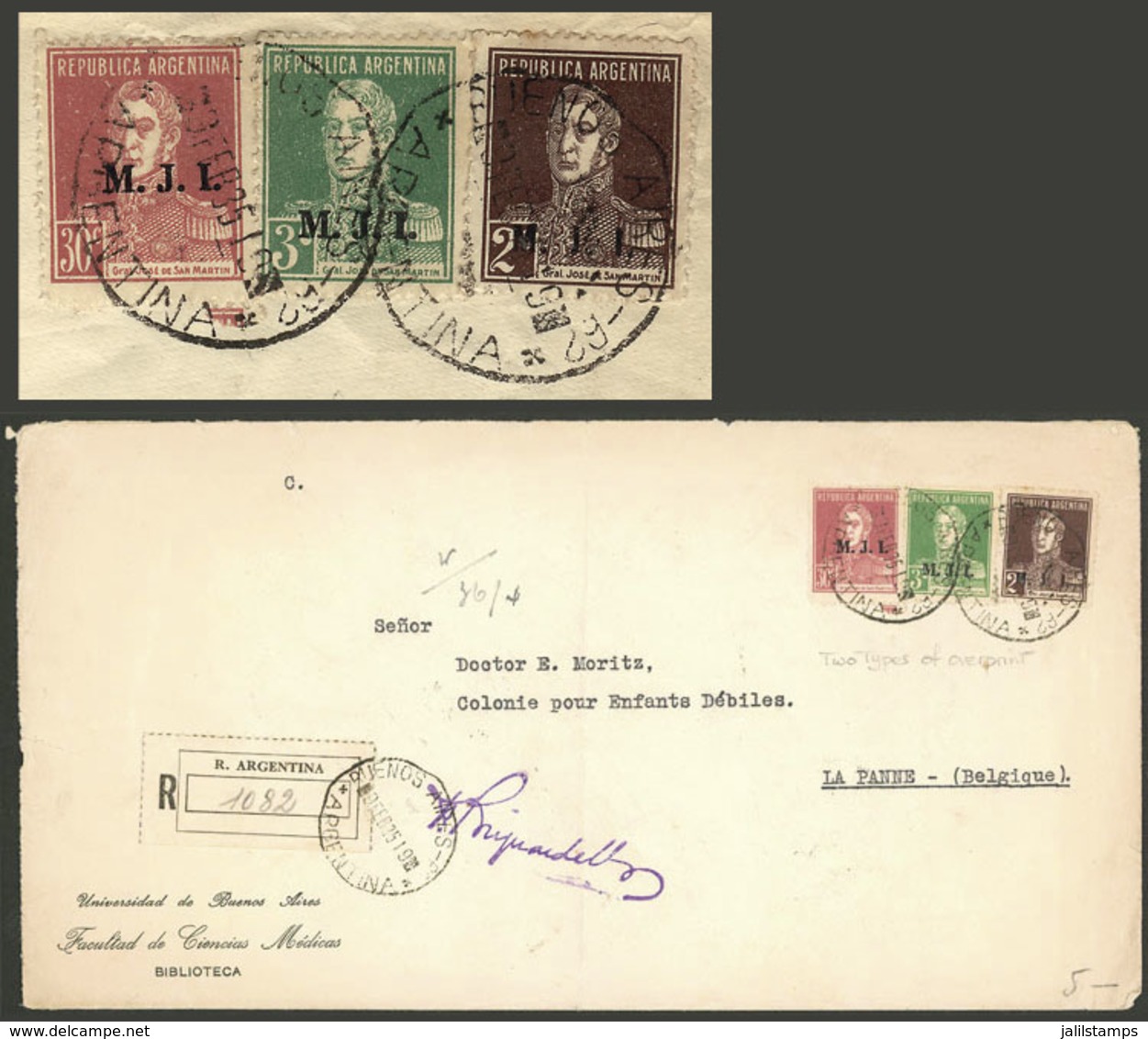 ARGENTINA: Cover Sent From Buenos Aires To Belgium On 9/FE/1935, With Postage Combining Stamps With "M.J.I." Ovpt With S - Service