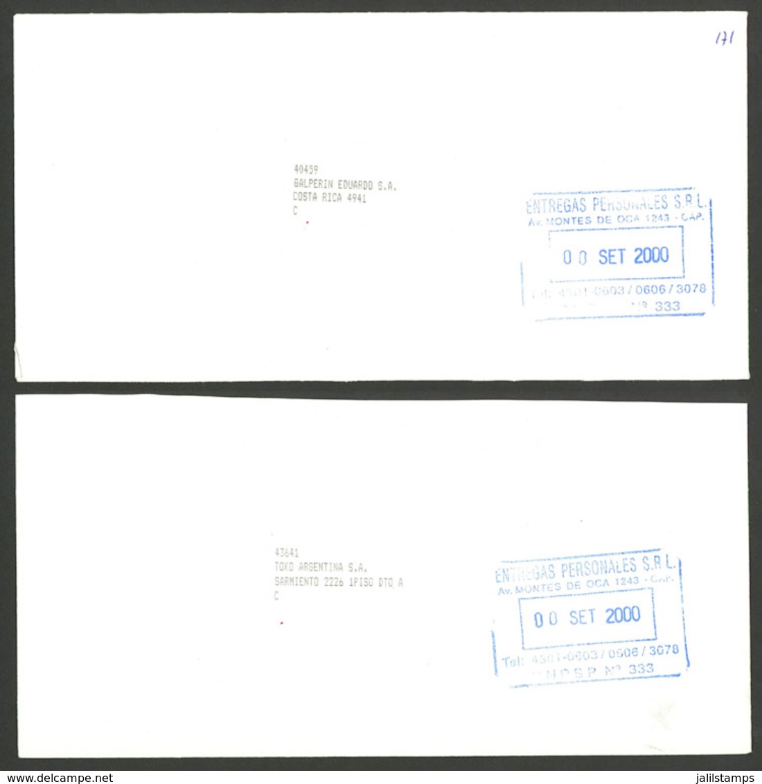 ARGENTINA: ENTREGAS PERSONALES S.R.L.: 2 Covers Used In 2000, With Marks Of This Post, VF Quality - Autres & Non Classés