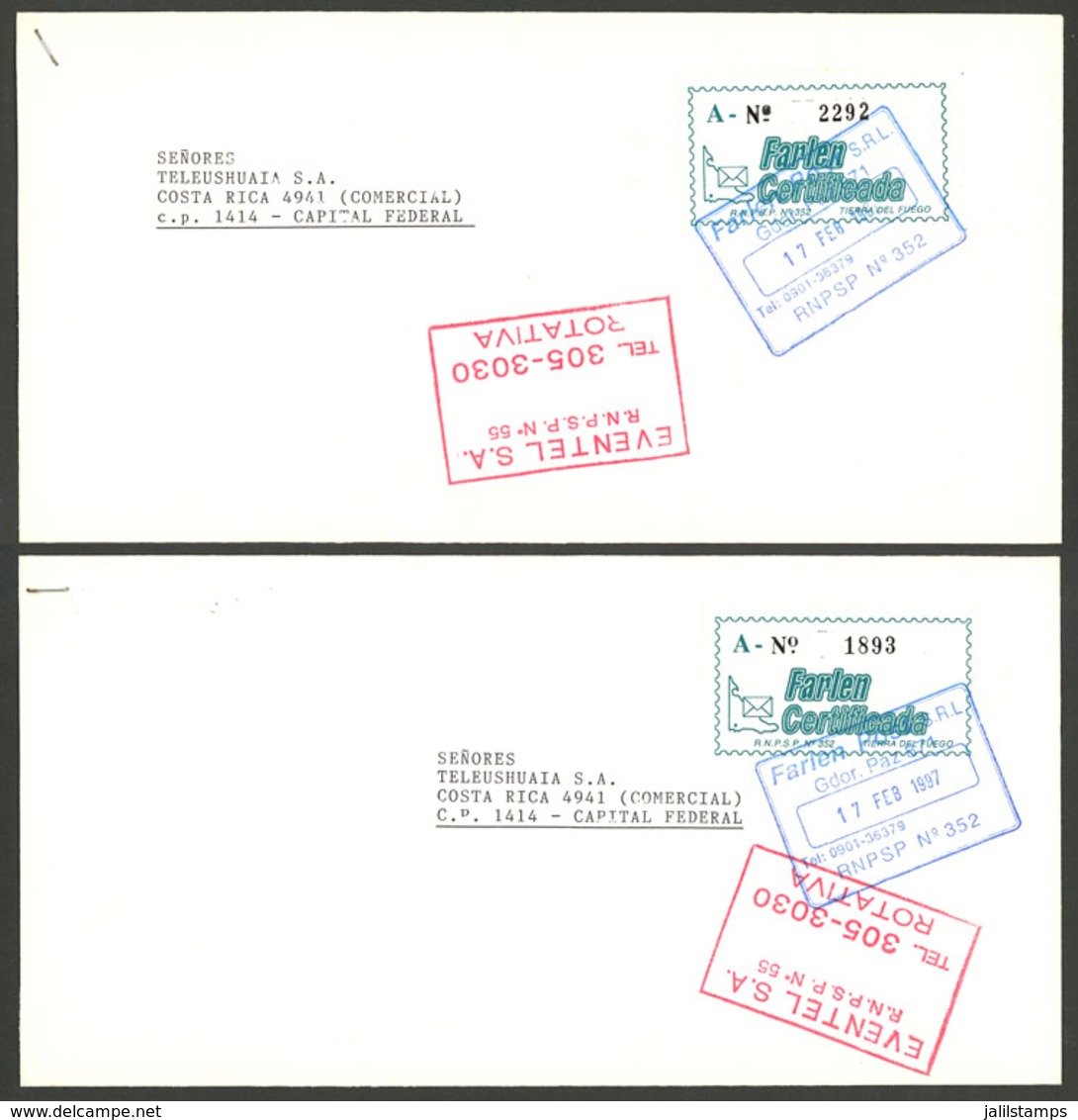 ARGENTINA: FARLEN POST S.R.L.: 2 Covers Used On 17/FE/1997, With Marks Of This Post, They Also Bear Handstamps Of EVENTE - Autres & Non Classés