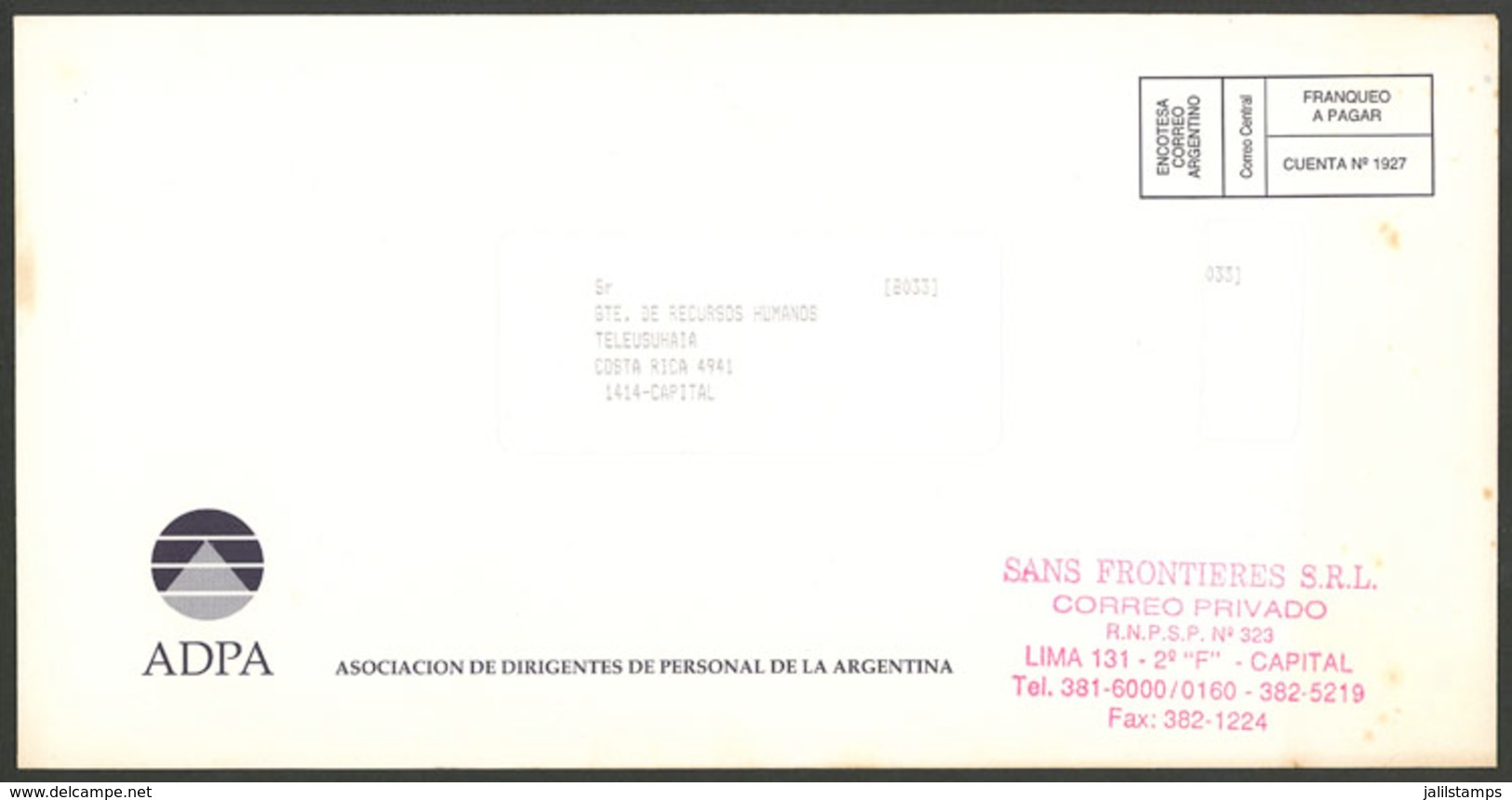 ARGENTINA: SANS FRONTIERES S.R.L.: Used Cover With Mark Of This Post, VF Quality - Sonstige & Ohne Zuordnung