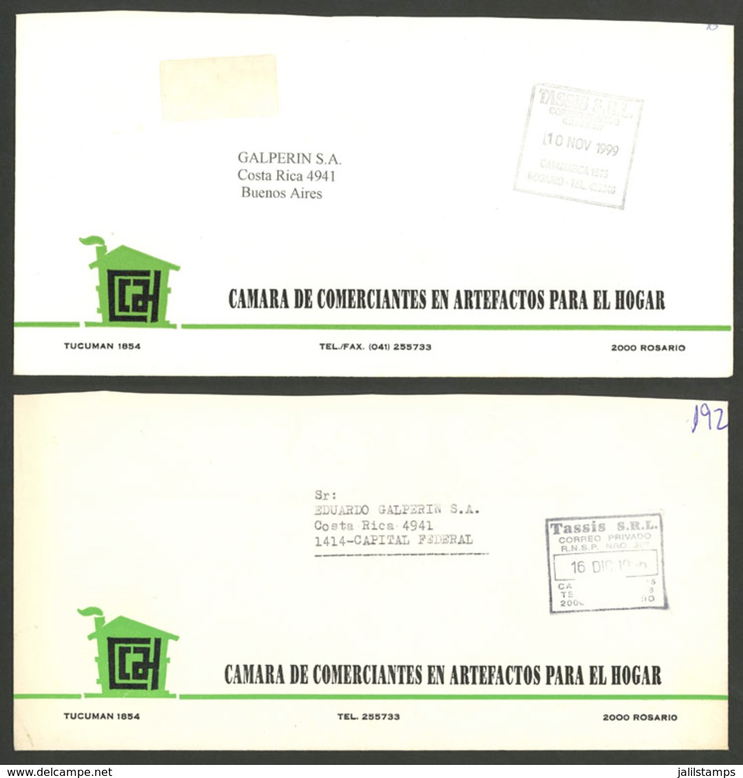 ARGENTINA: TASSIS S.R.L.: 2 Covers Used On 16/DE/1996 And 10/NO/1999 With Marks Of This Post, VF Quality - Andere & Zonder Classificatie