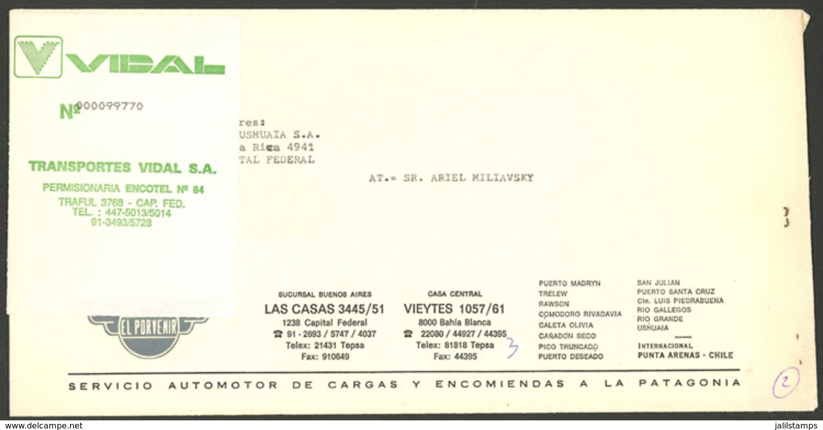 ARGENTINA: TRANSPORTES VIDAL: Used Cover With Mark Of This Post, VF Quality - Sonstige & Ohne Zuordnung