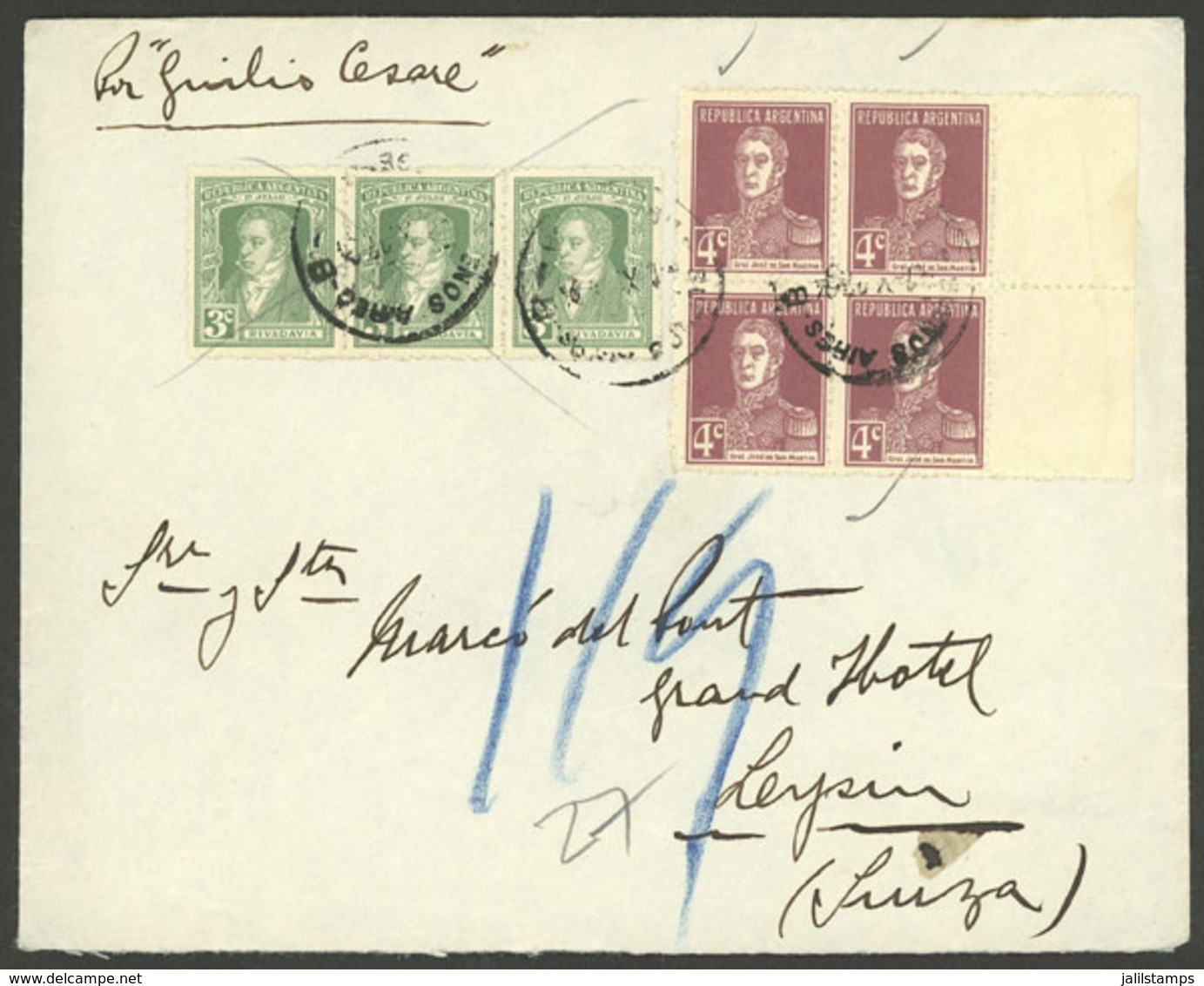 ARGENTINA: Circa 1926: Buenos Aires - Switzerland, Cover Franked With 3c. Post Centenary Strip Of 3 + 4c. San Martin W/o - Brieven En Documenten