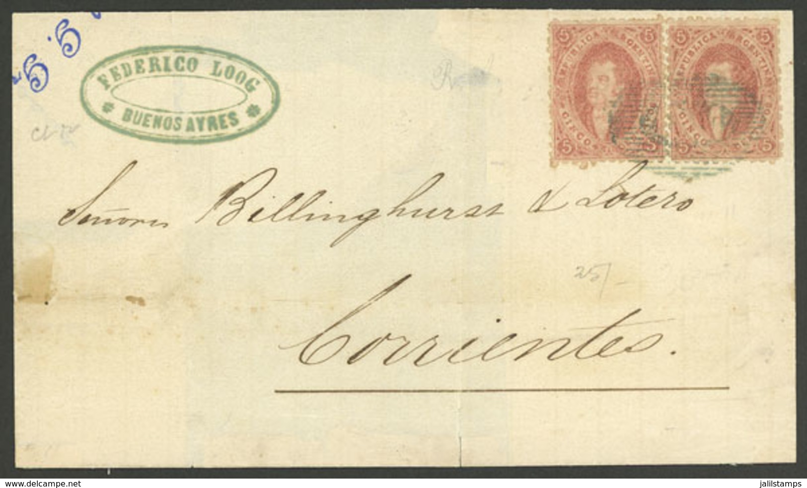 ARGENTINA: Circa 1864: Folded Cover From Buenos Aire To Corrientes, Franked With 2x 5c. Rivadavia 1st Or 2nd Printing, O - Brieven En Documenten