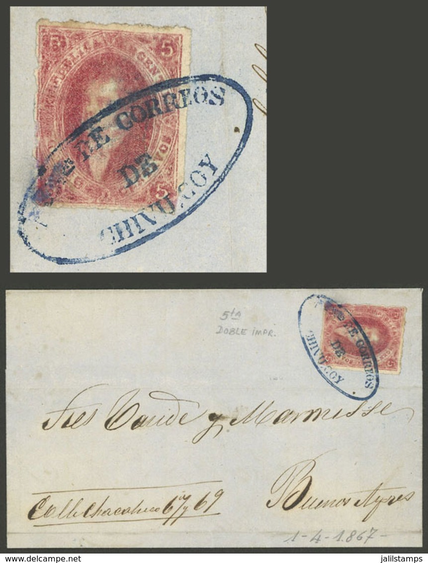 ARGENTINA: 1/AP/1867: Chivilcoy - Buenos Aires, Folded Cover Franked With 5c. Rivadavia 4th Printing With PARTIAL DOUBLE - Briefe U. Dokumente