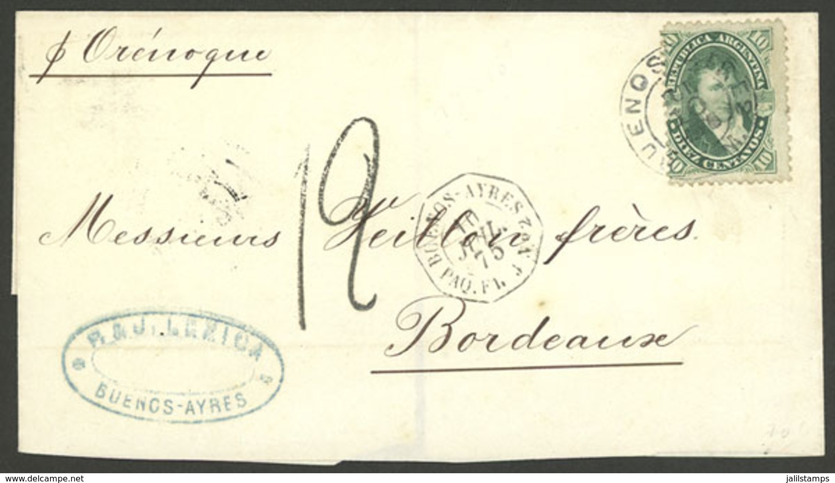 ARGENTINA: 10/JUL/1875: Buenos Aires - Bordeaux (France), Folded Cover Franked With 10c. Belgrano (GJ.39), VF Quality - Brieven En Documenten