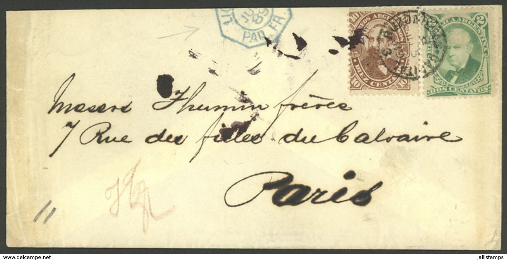 ARGENTINA: 1889: Buenos Aires - Paris, Cover Franked With 2c. Vicente López (GJ.53) + 10c. Avellaneda (GJ.87), With Seve - Briefe U. Dokumente