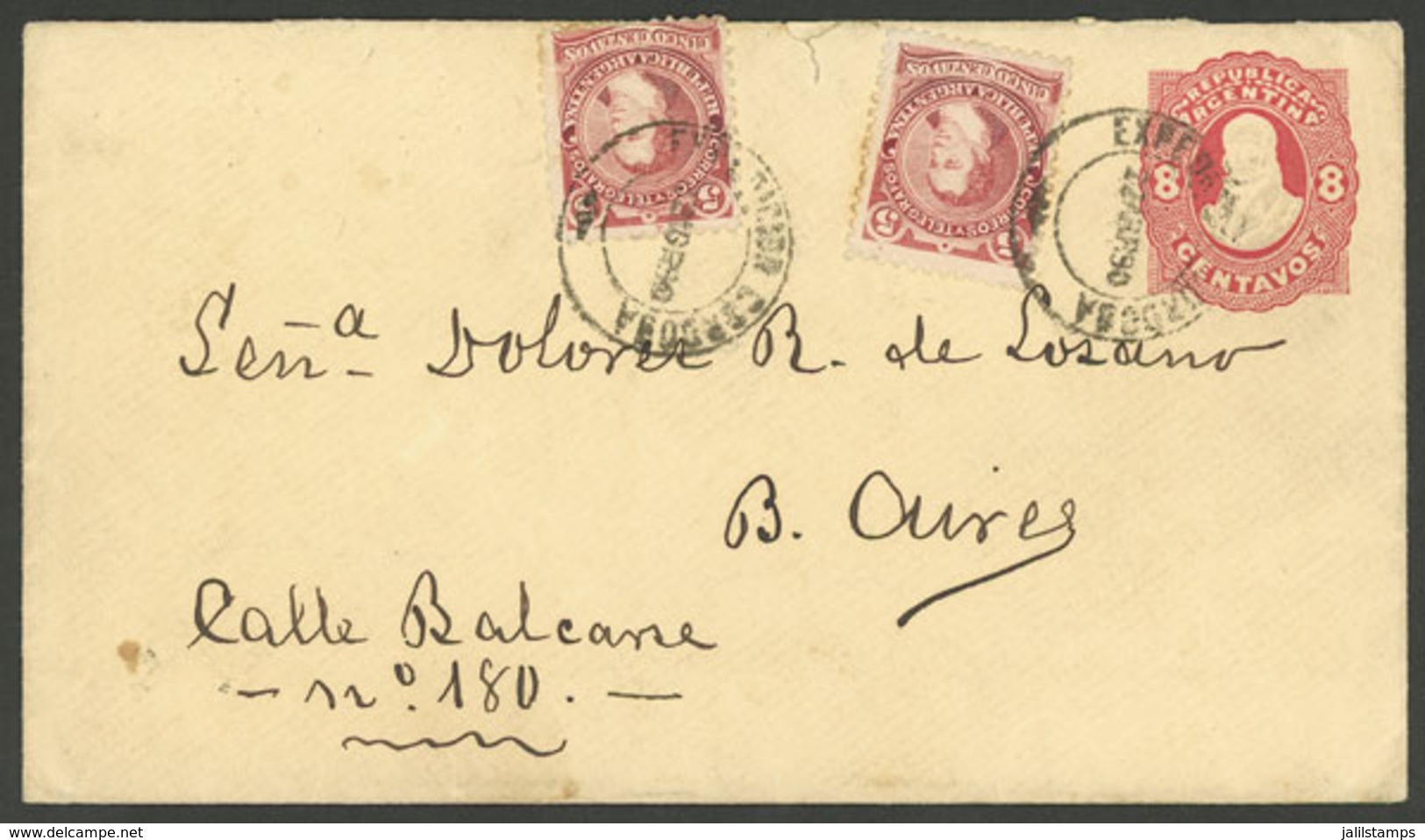 ARGENTINA: 8c. Stationery Envelope Sent From Córdoba To Buenos Aires On 22/AP/1890, Franked 2x 5c. Rivadavia Small Head  - Briefe U. Dokumente