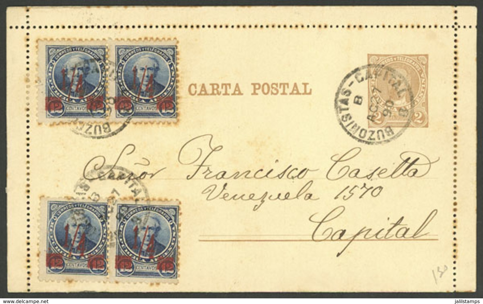 ARGENTINA: 27/AU/1890: Buenos Aires, 2c. Lettercard Uprated With 2 Pairs Of ¼c. Provisional With Red Ovpt. (total 3c.),  - Brieven En Documenten