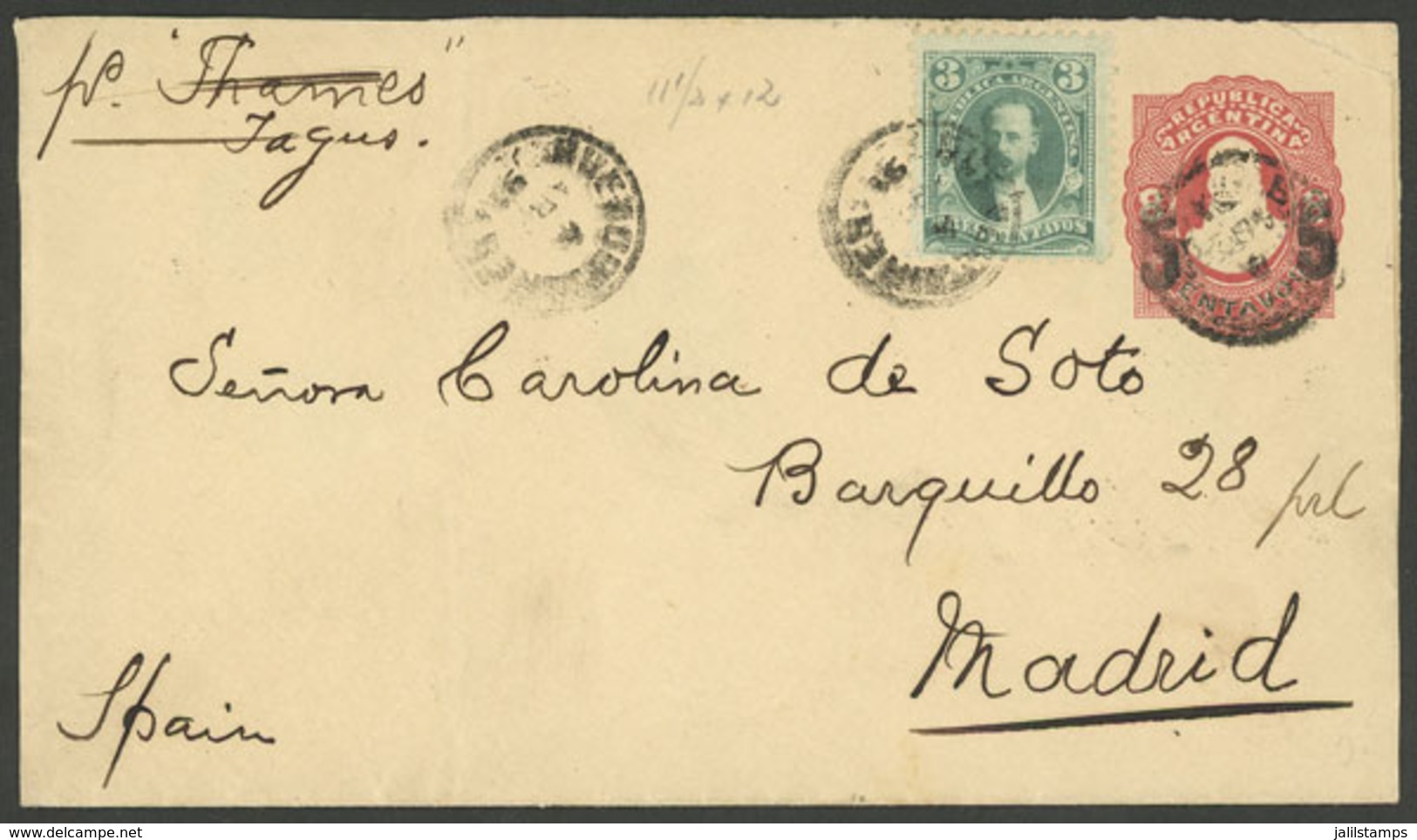 ARGENTINA: 1891: Buenos Aires - Madrid, 5c. Stationery Envelope Uprated With 3c. Juárez Celman Perf 11½x12 (GJ.124), Tot - Briefe U. Dokumente