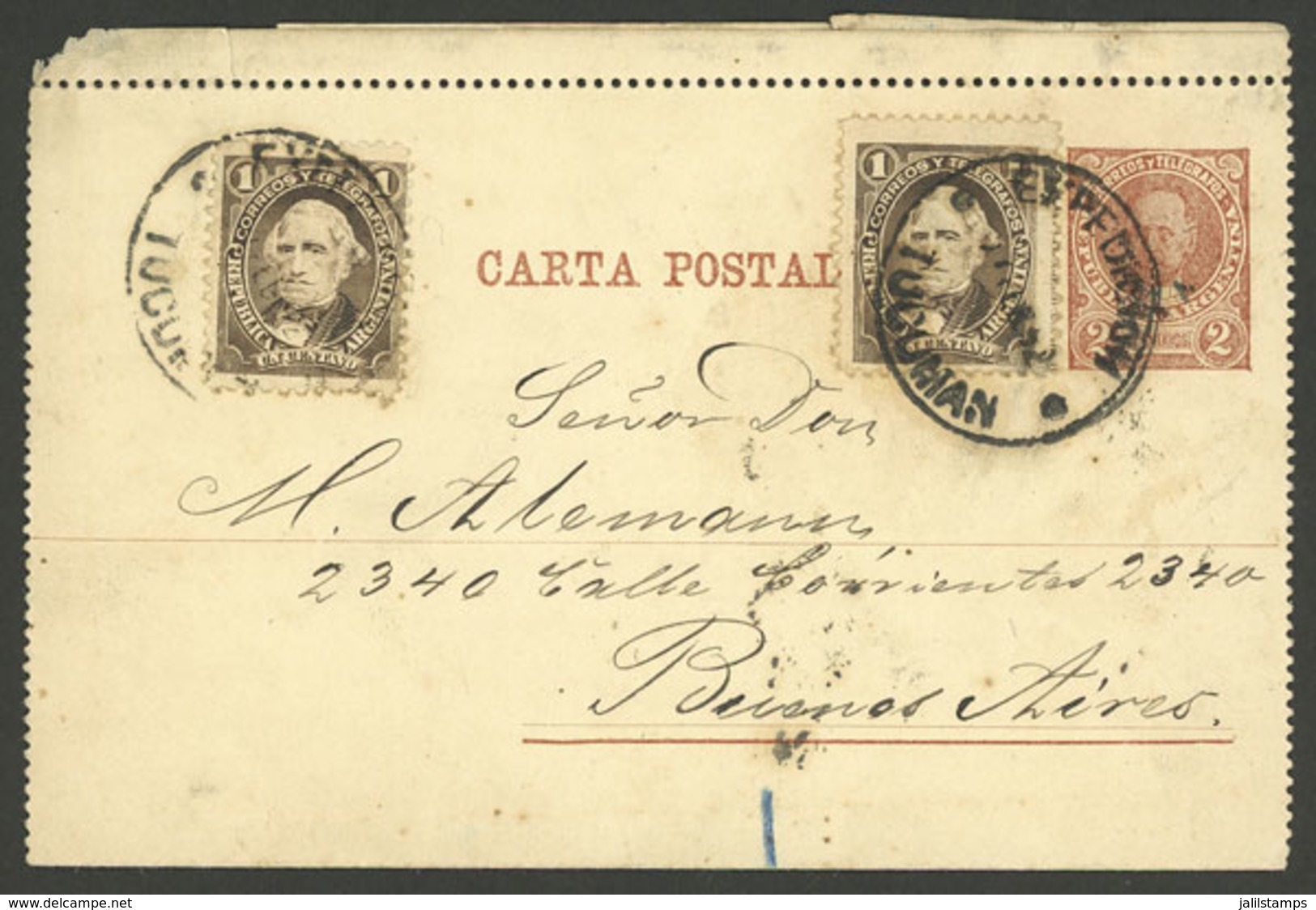 ARGENTINA: 25/FE/1892: Tucumán - Buenos Aires, 2c. Lettercard Uprated With  2x 1c. Vélez Sarsfield (total 4c.), VF Quali - Lettres & Documents