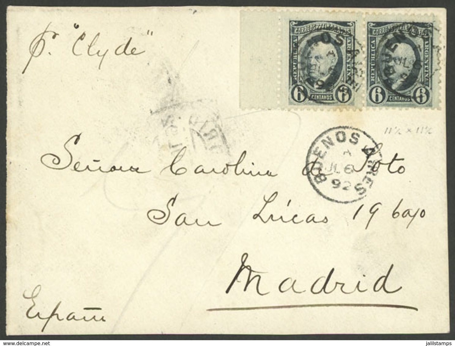 ARGENTINA: 6/JUL/1892: Buenos Aires - Madrid, Cover Front With Pair 6c. Sarmiento (GJ.108), VF Quality - Briefe U. Dokumente