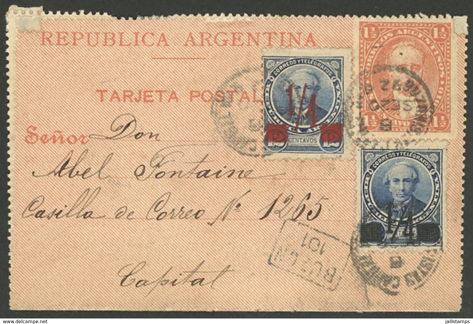 ARGENTINA: 1½c. Lettercard Used In Buenos Aires On 20/SE/1892, Uprated By ¼c. Provisional With Black Ovpt. + ¼c. Provisi - Briefe U. Dokumente