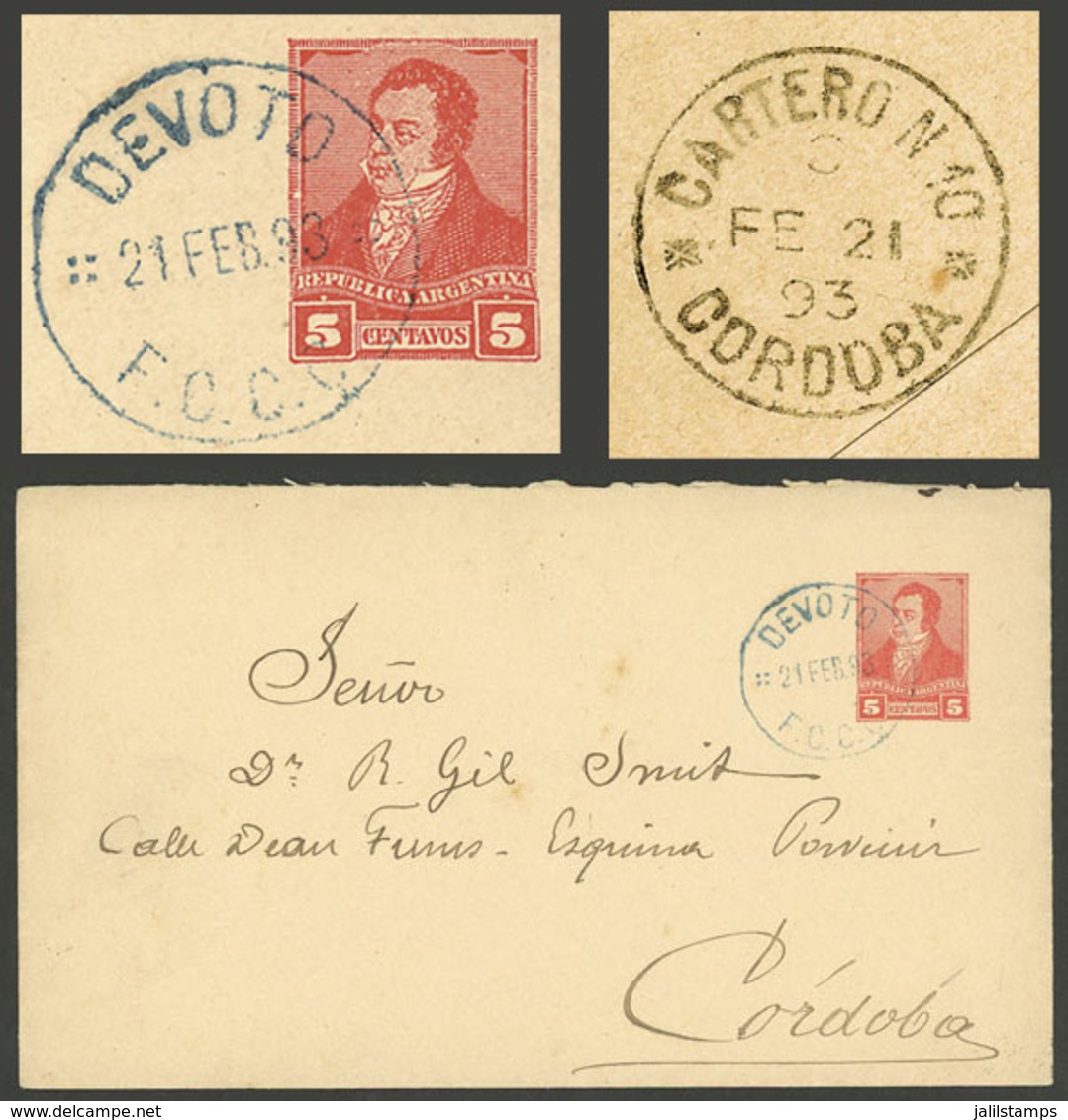 ARGENTINA: 21/FE/1893: Devoto - Córdoba, 5c. Stationery Envelope, Backstamped "CARTERO N 10 - CORDOBA", VF Quality" - Brieven En Documenten