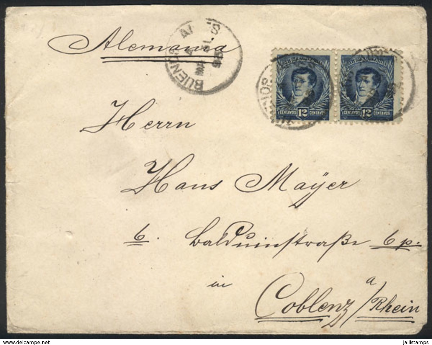 ARGENTINA: Cover Sent From Buenos Aires To Germany On 31/MAR/1893 Franked With 24c. (pair GJ.144), VF! - Brieven En Documenten