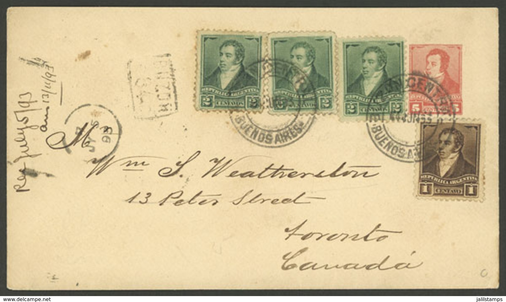ARGENTINA: 4/JUN/1893: Buenos Aires - Toronto (Canada), 5c. Stationery Envelope Uprated With 1c. And 3x 2c. Rivadavia (t - Brieven En Documenten