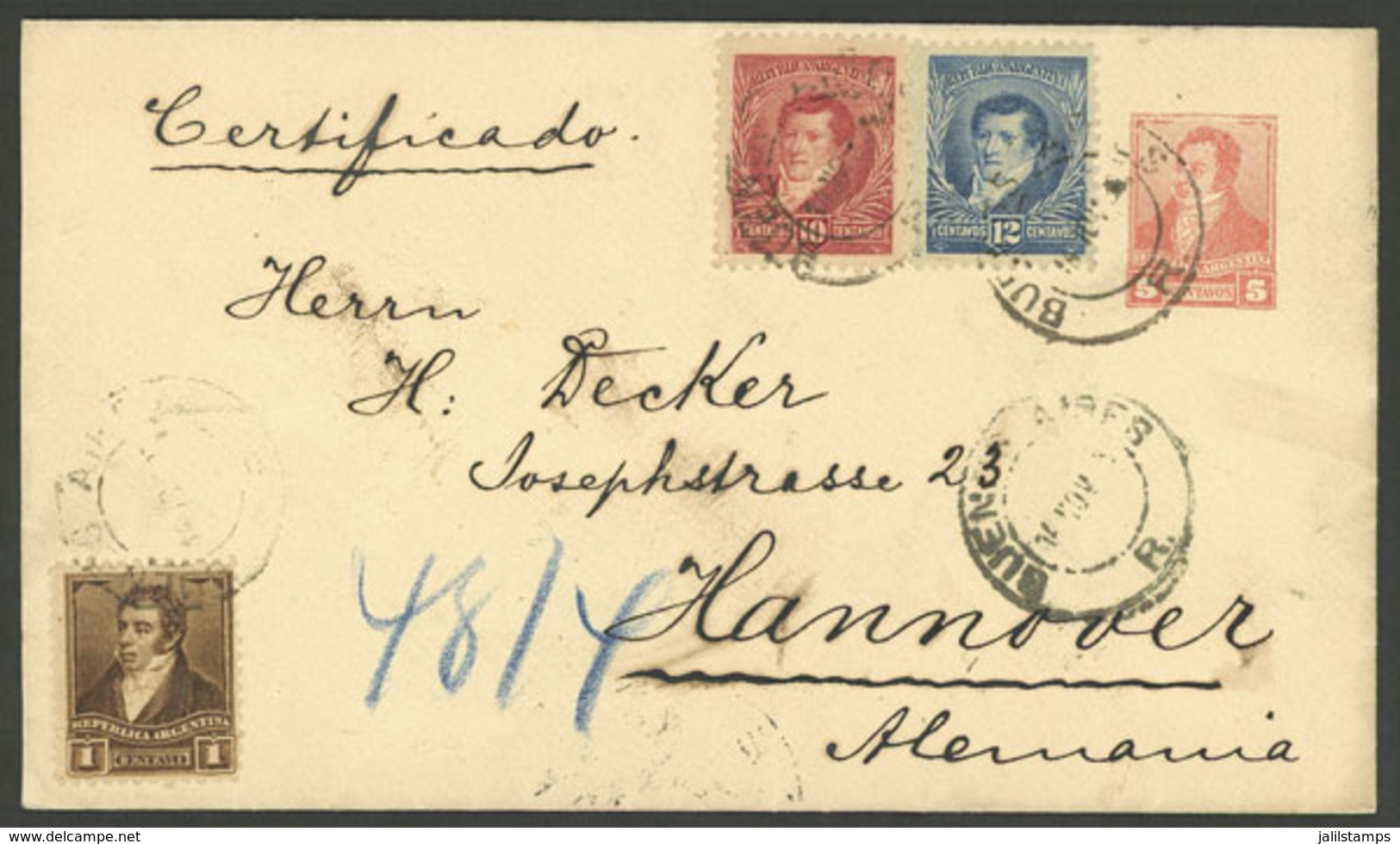 ARGENTINA: Registered 5c. Stationery Envelope Sent From Buenos Aires To Hannover On 14/NO/1893, Franked With 1c. Rivadav - Briefe U. Dokumente