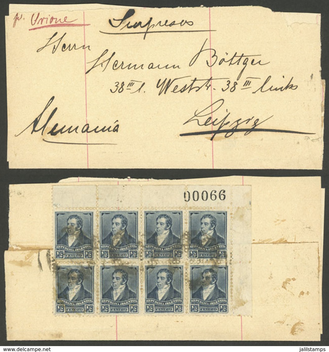ARGENTINA: Circa 1894: Wrapper Sent To Leipzig (Germany) With Spectacular Corner Block Of 8 Of ½c. Rivadavia Perf 12¼ (t - Briefe U. Dokumente
