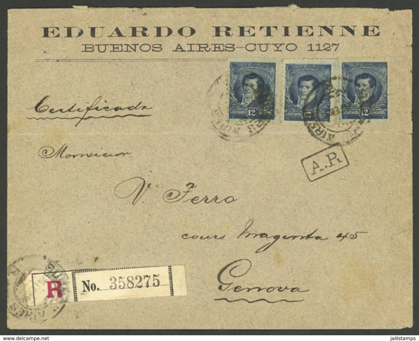 ARGENTINA: Registered Cover Sent From Buenos Aires To Genova (Italy) On 24/FE/1894, Franked With 36c. - Brieven En Documenten