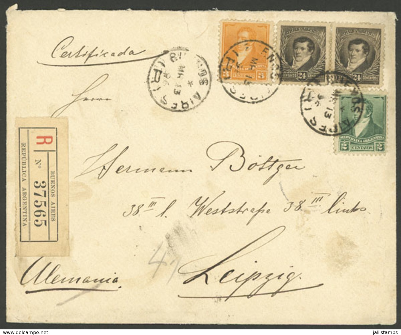 ARGENTINA: Registered Cover Sent From Buenos Aires To Leipzig (Germany) On 13/MAR/1896, Franked With 53c., VF Quality - Brieven En Documenten