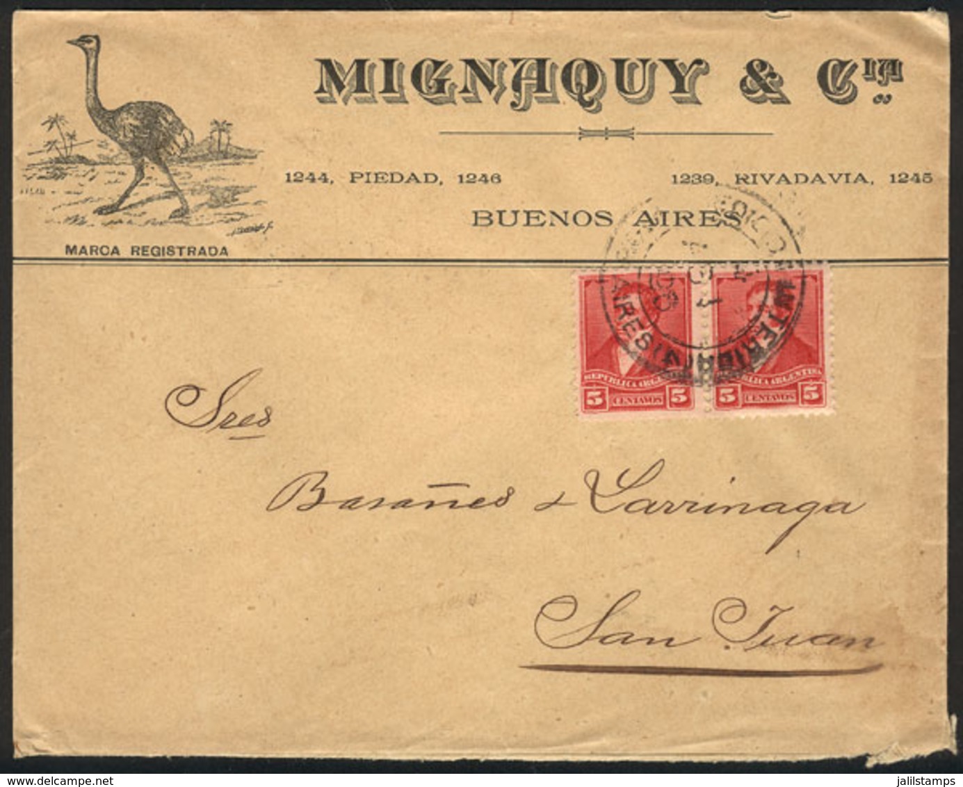 ARGENTINA: Commercial Envelope Of "Mignaquy Y Cía" Franked With Pair Of 5c. Of The "3 Proceres" Issue, Sent From Buenos  - Brieven En Documenten