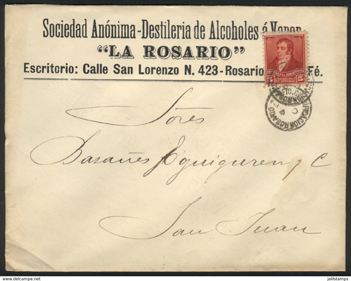 ARGENTINA: Commercial Envelope Of "La Rosario Distillery", Franked With 5c. Of The "3 Proceres" Issue, And Sent From Ros - Brieven En Documenten