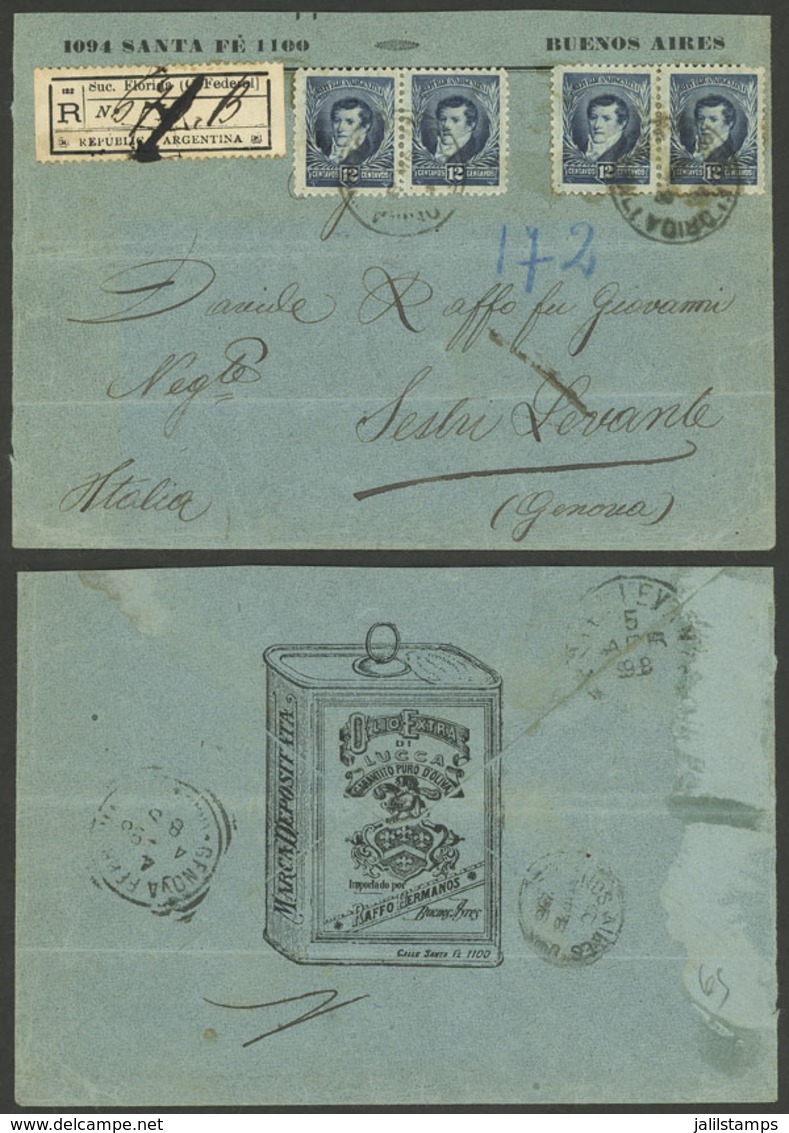 ARGENTINA: Registered Cover Sent From Buenos Aires To Genova (Italy) In 1898, Franked With 48c., With Advertising For "R - Brieven En Documenten