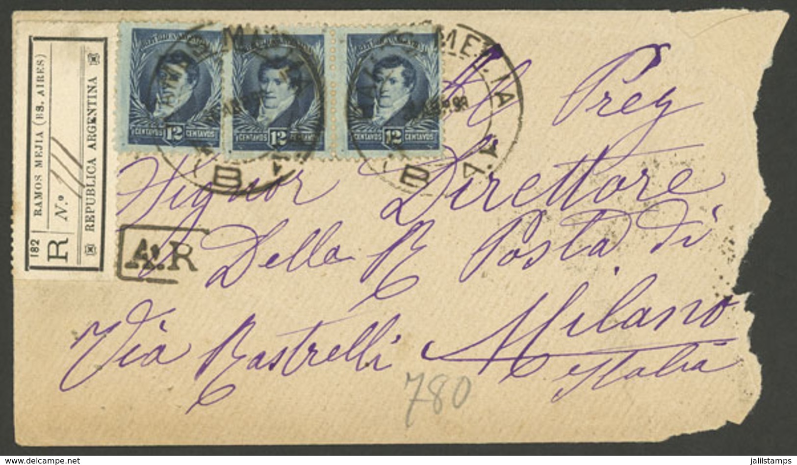 ARGENTINA: Registered Cover Sent From Ramos Mejia (Buenos Aires) To Milano (Italy) On 26/AP/1898, Franked With 12c. Belg - Brieven En Documenten