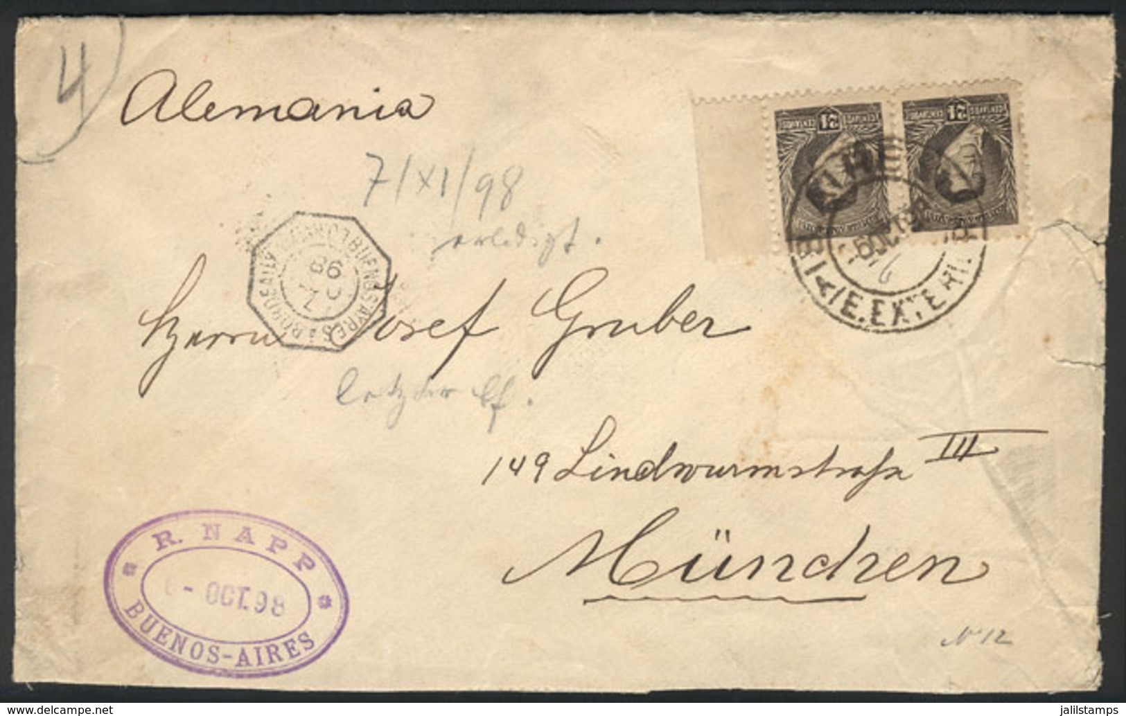 ARGENTINA: Cover Sent From Buenos Aires To Germany On 5/OC/1898 Franked With 48c. (pair GJ.182), VF! - Briefe U. Dokumente