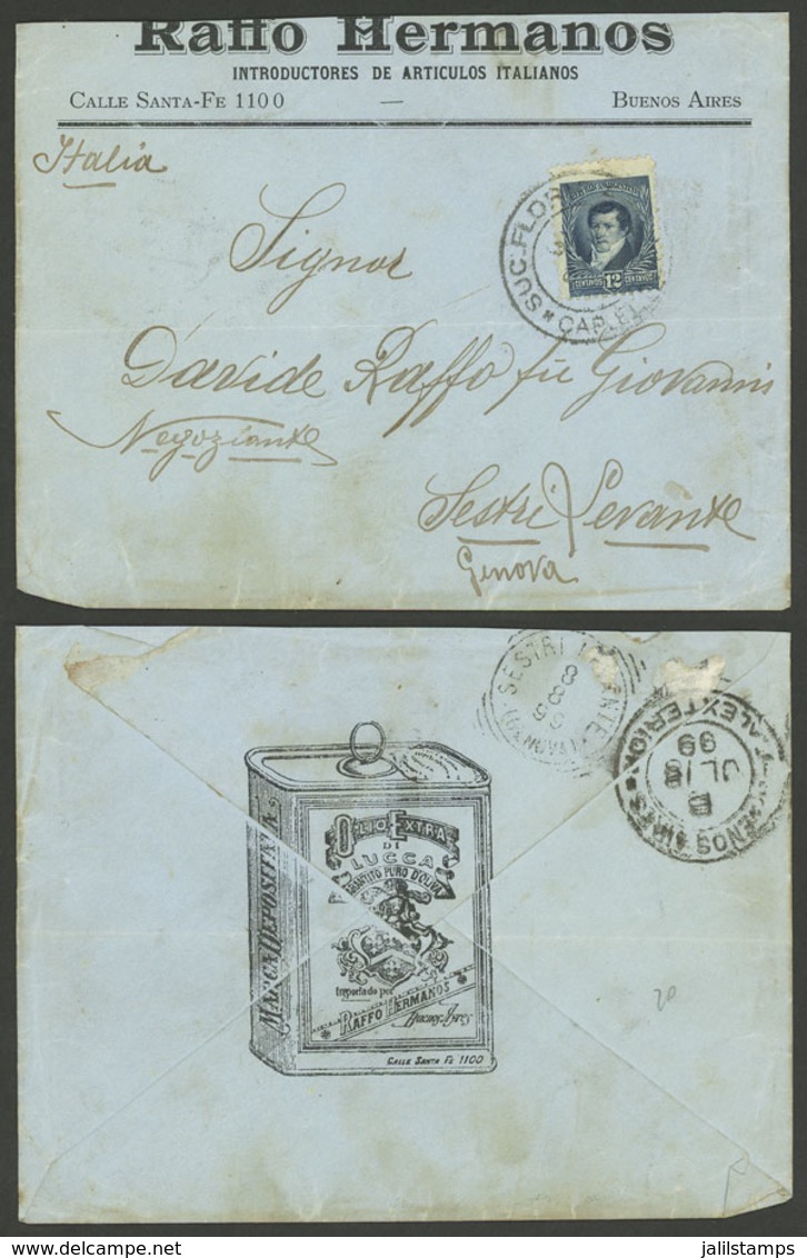 ARGENTINA: 18/JUN/1899: Buenos Aires - Genova (Italy), Advertising Cover Franked With 12c., Folded - Briefe U. Dokumente