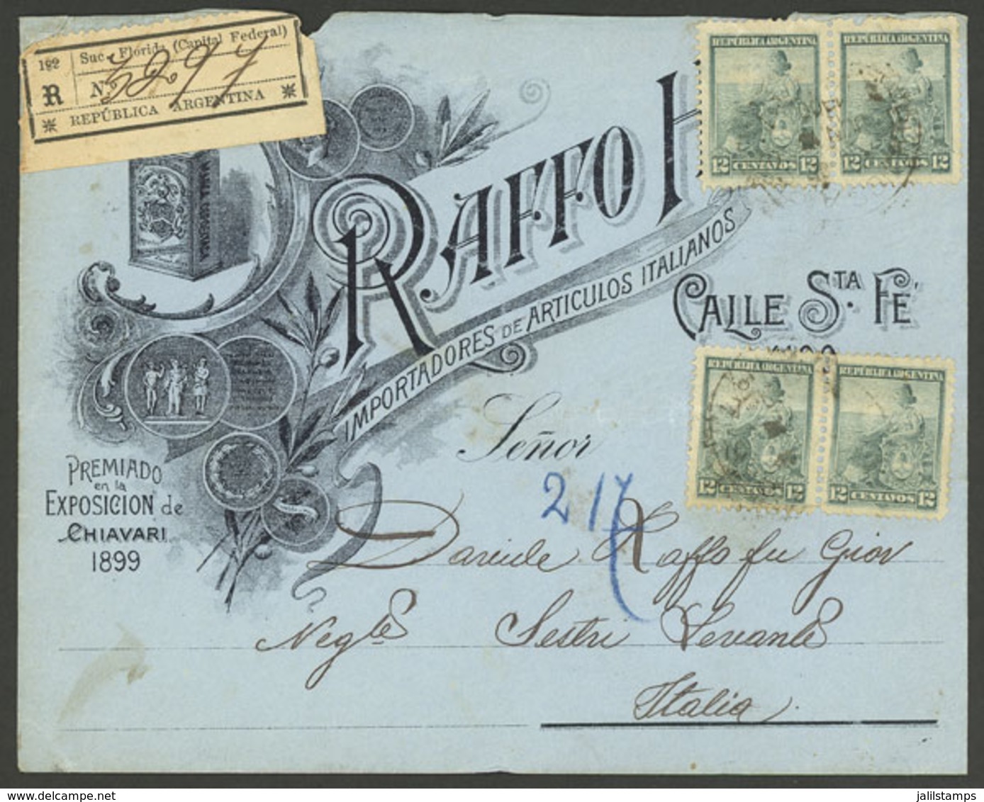 ARGENTINA: Circa 1900: Buenos Aires - Italy, Registered Advertising Cover Franked With 2 Pairs 12c. Seated Liberty Perf  - Brieven En Documenten