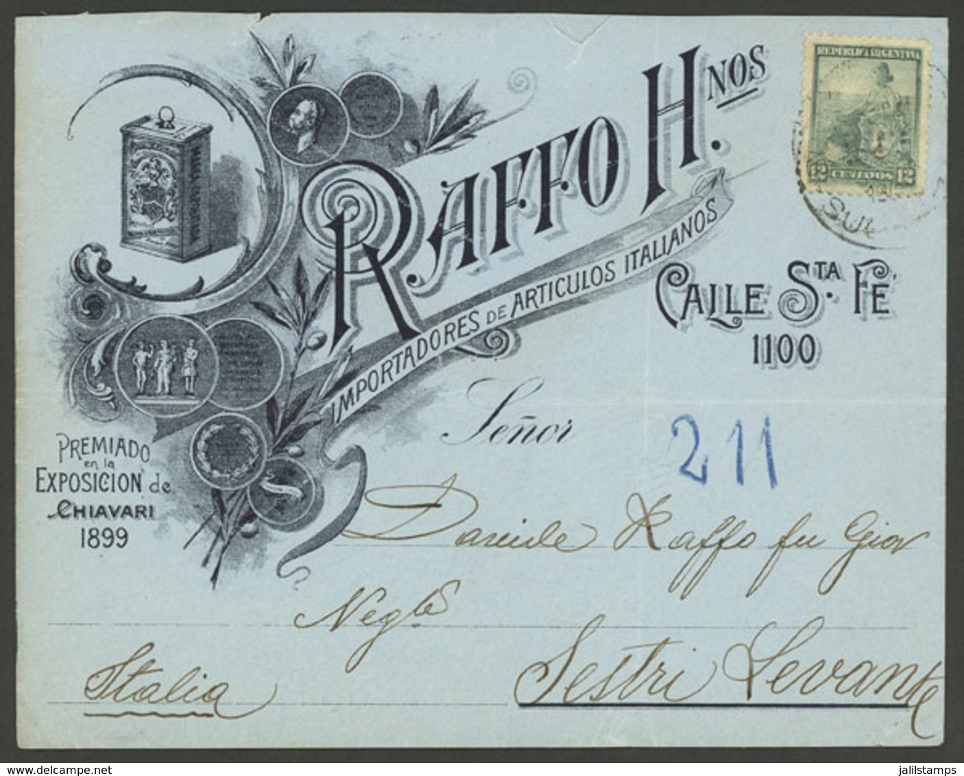 ARGENTINA: Advertising Cover Of "Raffo Hnos" Sent From Buenos Aires To Italy In MAR/1900, Franked With 12c. Seated Liber - Brieven En Documenten