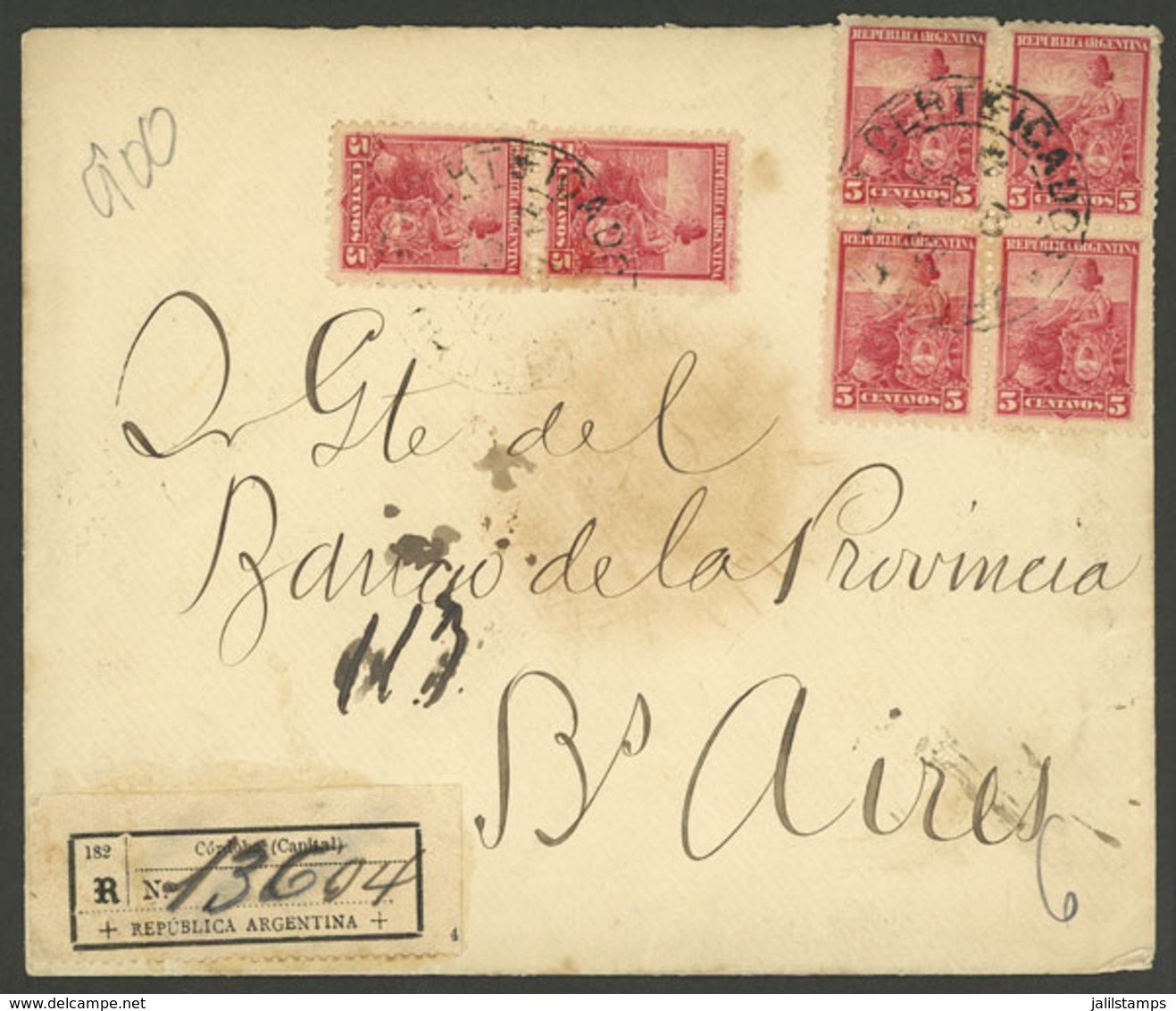 ARGENTINA: Registered Cover Sent From Cordoba To Buenos Aires In AU/1900, With Block Of 4 + Pair 5c. Seated Liberty (tot - Brieven En Documenten