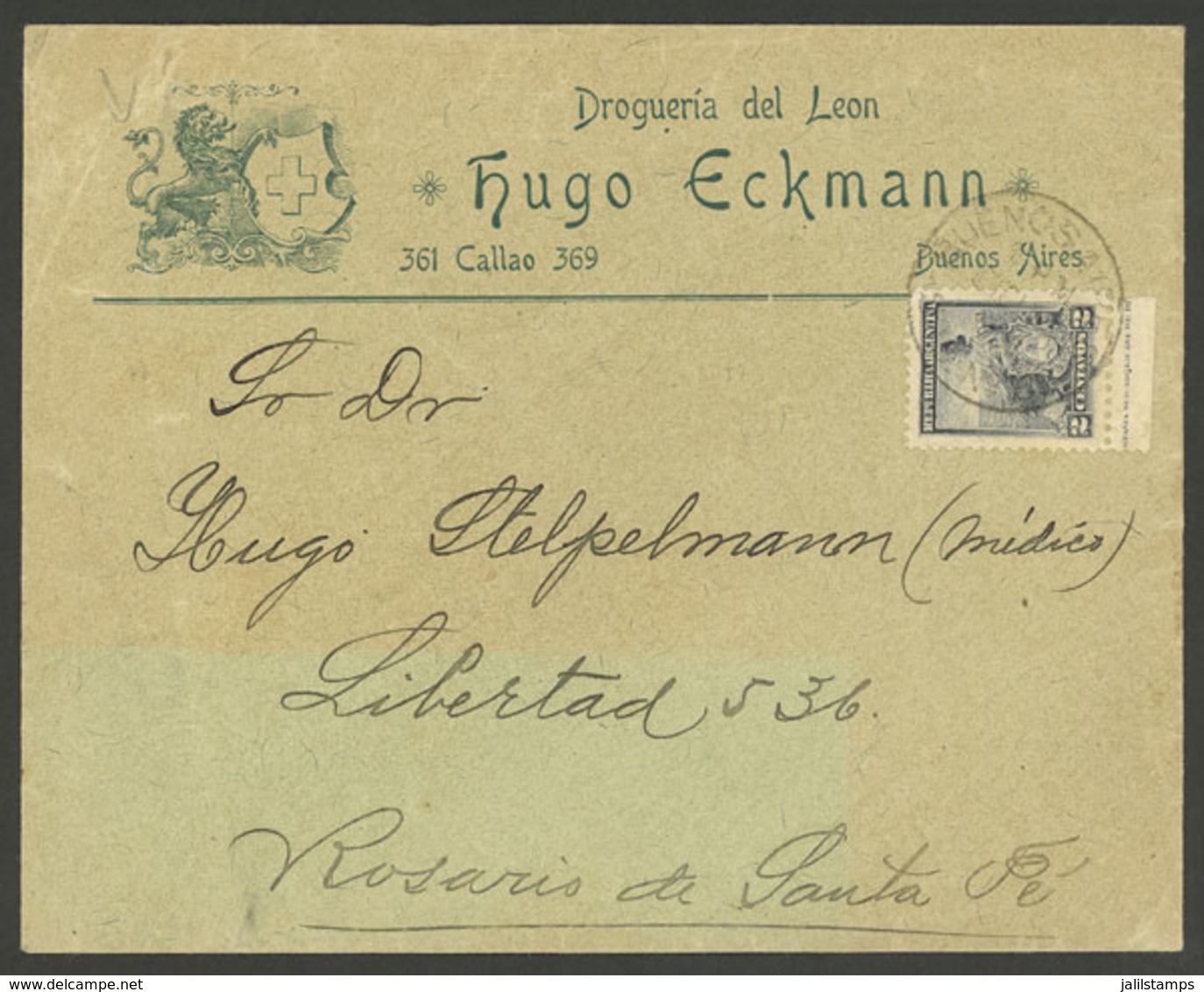ARGENTINA: Cover With Corner Card (drugstore) Sent From Buenos Aires To Rosario In 1901, Franked With 2c. Seated Liberty - Briefe U. Dokumente