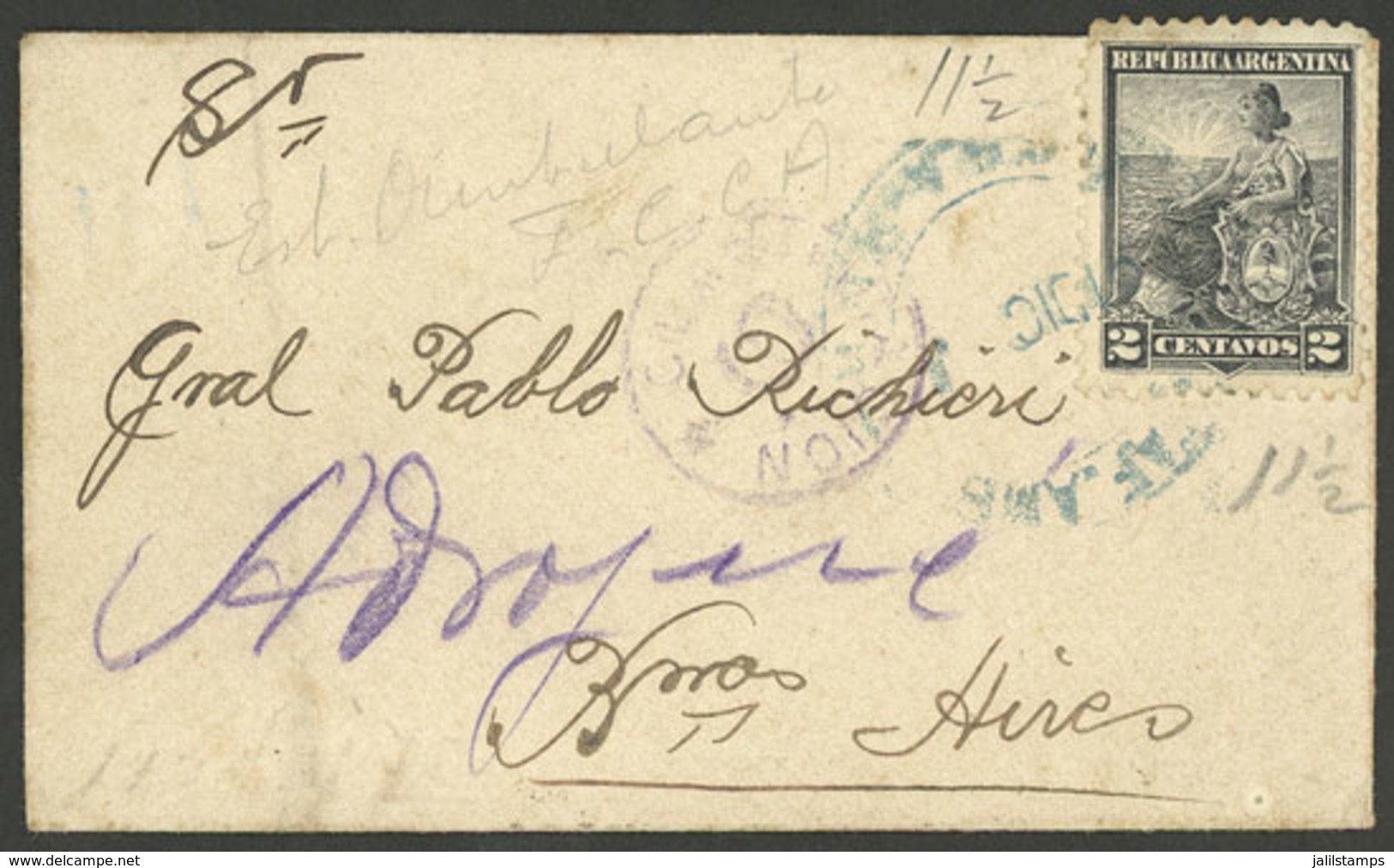 ARGENTINA: Cover Sent To Buenos Aires (circa 1901) Franked With 2c. Seated Liberty, With Cancel Of "ESTAF. AMBULANTE - F - Brieven En Documenten