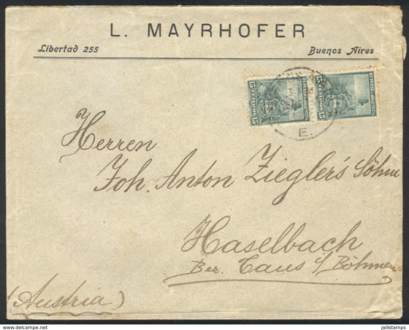 ARGENTINA: Cover Franked With Pair Of 15c. Liberty PERFORATION 12 (GJ.249), Sent From Buenos Aires To Germany On 3/JA/19 - Briefe U. Dokumente