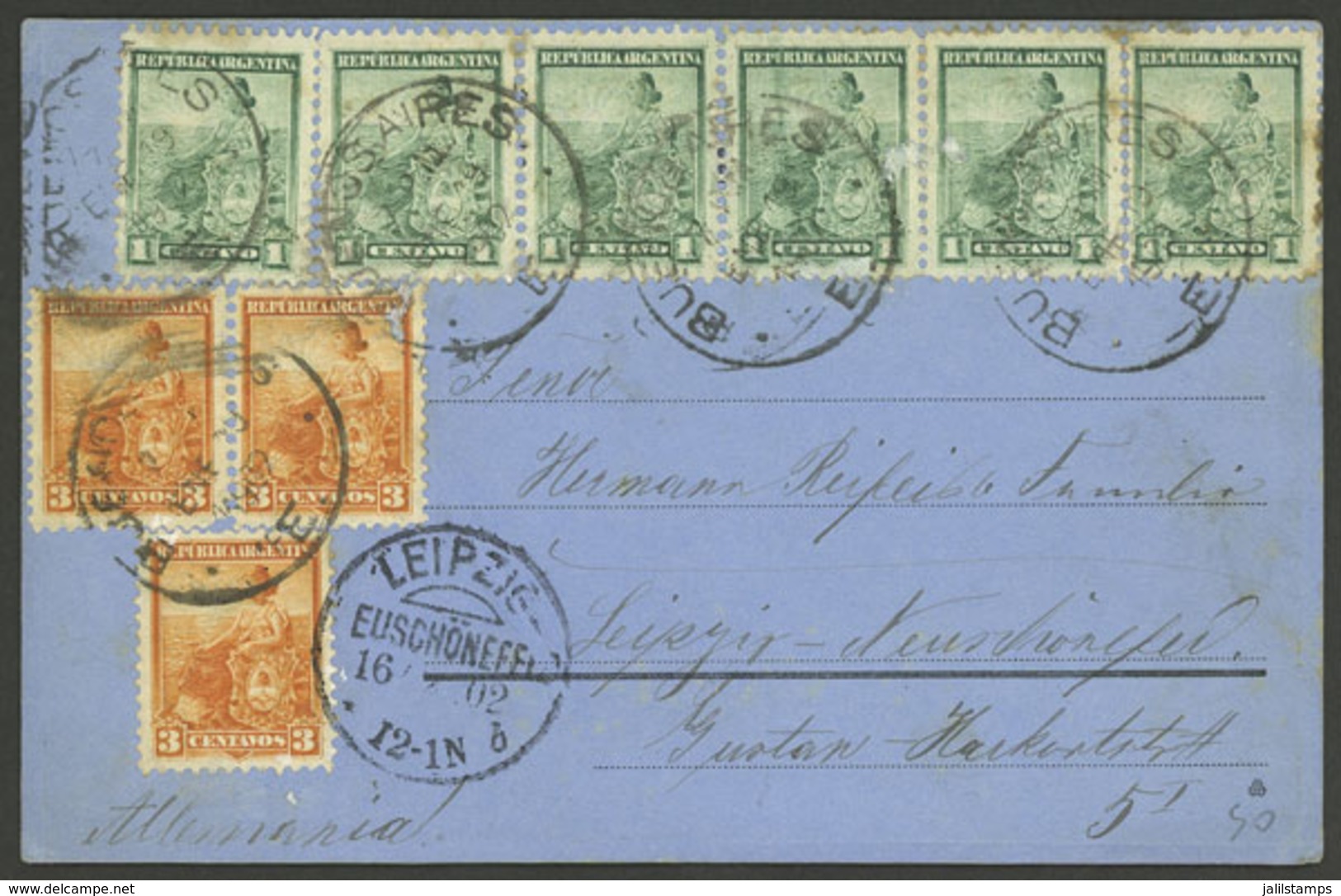 ARGENTINA: PC Sent From Buenos Aires To Leipzig (Germany) On 19/JA/1902, Franked With 6x 1c. And 3x 3c. Seated Liberty ( - Briefe U. Dokumente