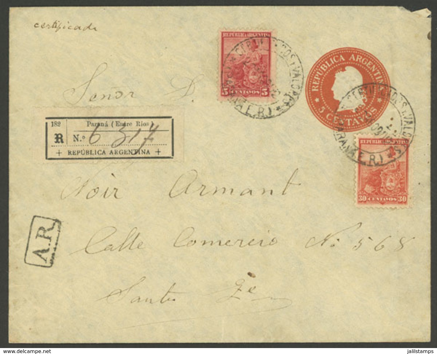 ARGENTINA: AU/1902: Paraná - Santa Fe, Registered 5c. Stationery Envelope With Additional Postage Of 5c. And 30c. Seated - Brieven En Documenten