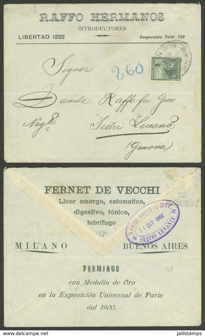 ARGENTINA: SEP/1902: Buenos Aires - Genova (Italy), Advertising Cover Franked With 15c. Seated Liberty, VF Quality - Brieven En Documenten