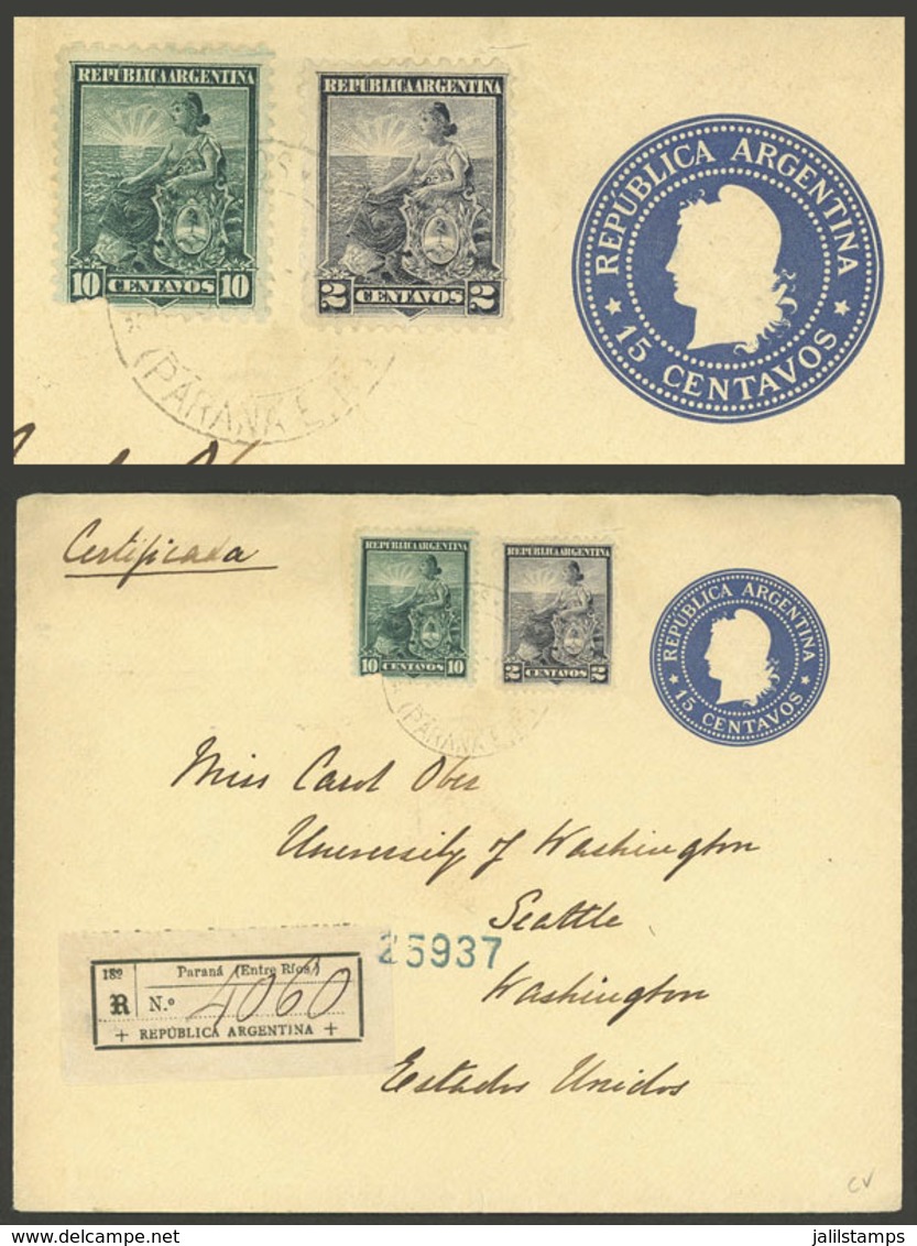 ARGENTINA: Registered 15c. Stationery Envelope, Sent From Paraná To Washington In 1902, Franked With 2c. Liberty Perf 12 - Brieven En Documenten