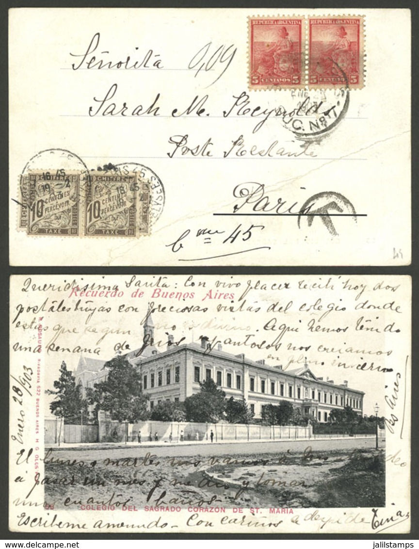 ARGENTINA: Postcard With View Of Colegio Del Sagrado Corazón De St. María Of Buenos Aires, Sent To Poste Restante In Par - Briefe U. Dokumente