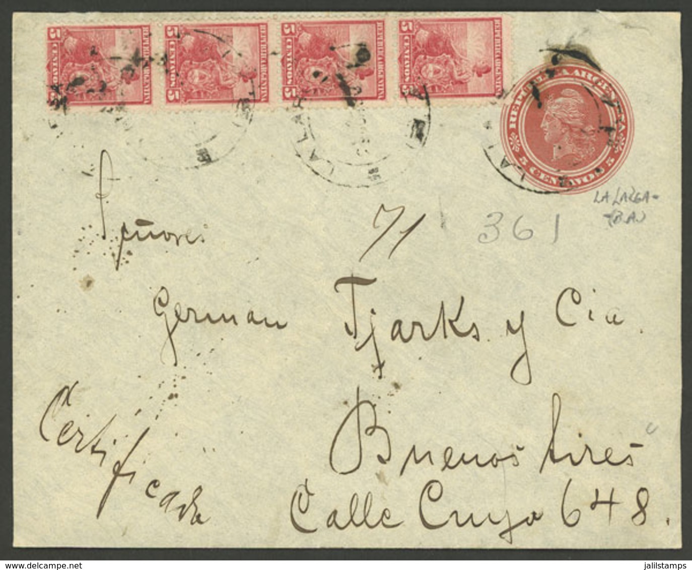 ARGENTINA: 5c. Stationery Envelope Sent To Buenos Aires In JUN/1903, Uprated With Strip Of 4 5c. Seated Liberty Perf 12¼ - Brieven En Documenten